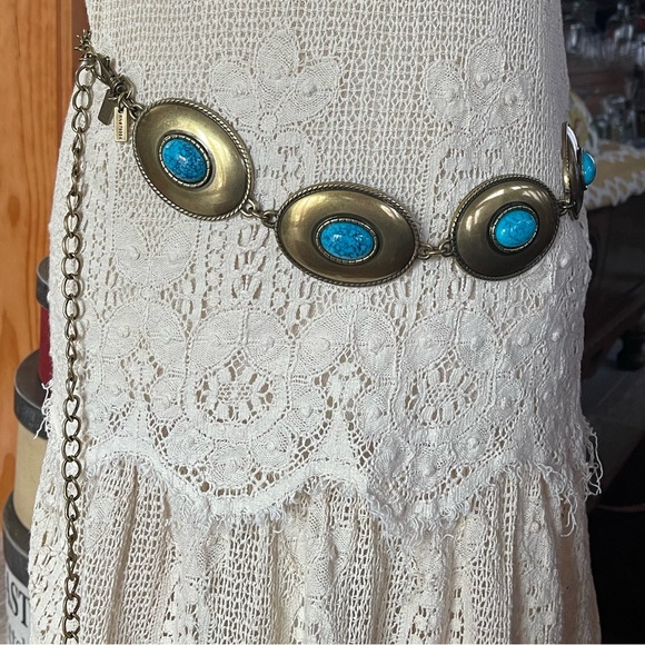 Y2K Chico’s Brass Faux Turquoise Southwestern Statement Belt